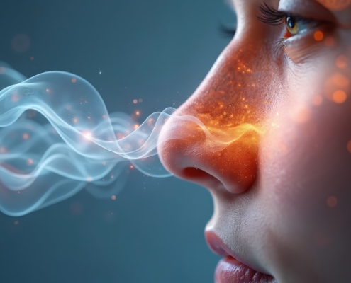 Macro side view of human nose with abstract wave patterns. Orange glow skin, smell inhalation illustration of detecting scents through olfactory system. Concept of fragrance, aroma, perfume