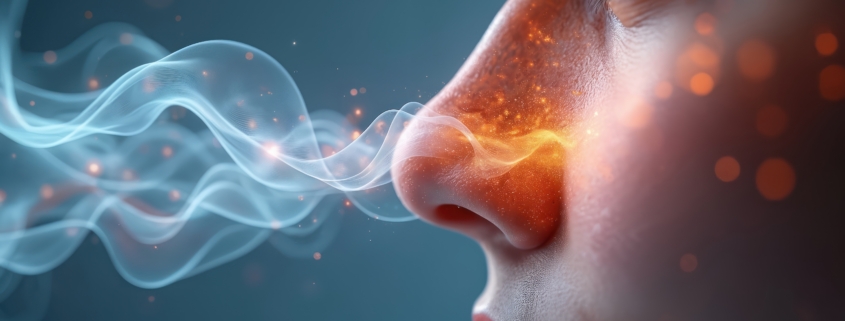 Macro side view of human nose with abstract wave patterns. Orange glow skin, smell inhalation illustration of detecting scents through olfactory system. Concept of fragrance, aroma, perfume